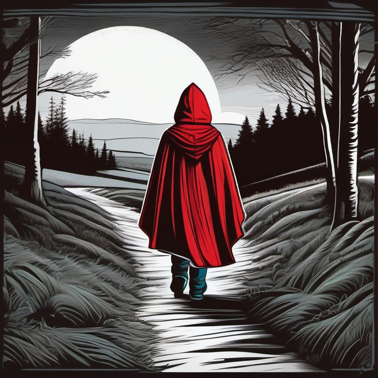 child hero in a red hooded cape with back to camera setting off on a mission into the wooded landscape in daylight woodcut style colourful  