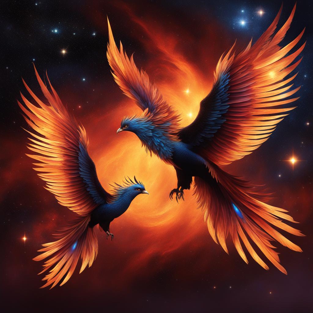 celestial phoenixes, born from the ashes of dying stars, their fiery plumage illuminating the cosmic night. 