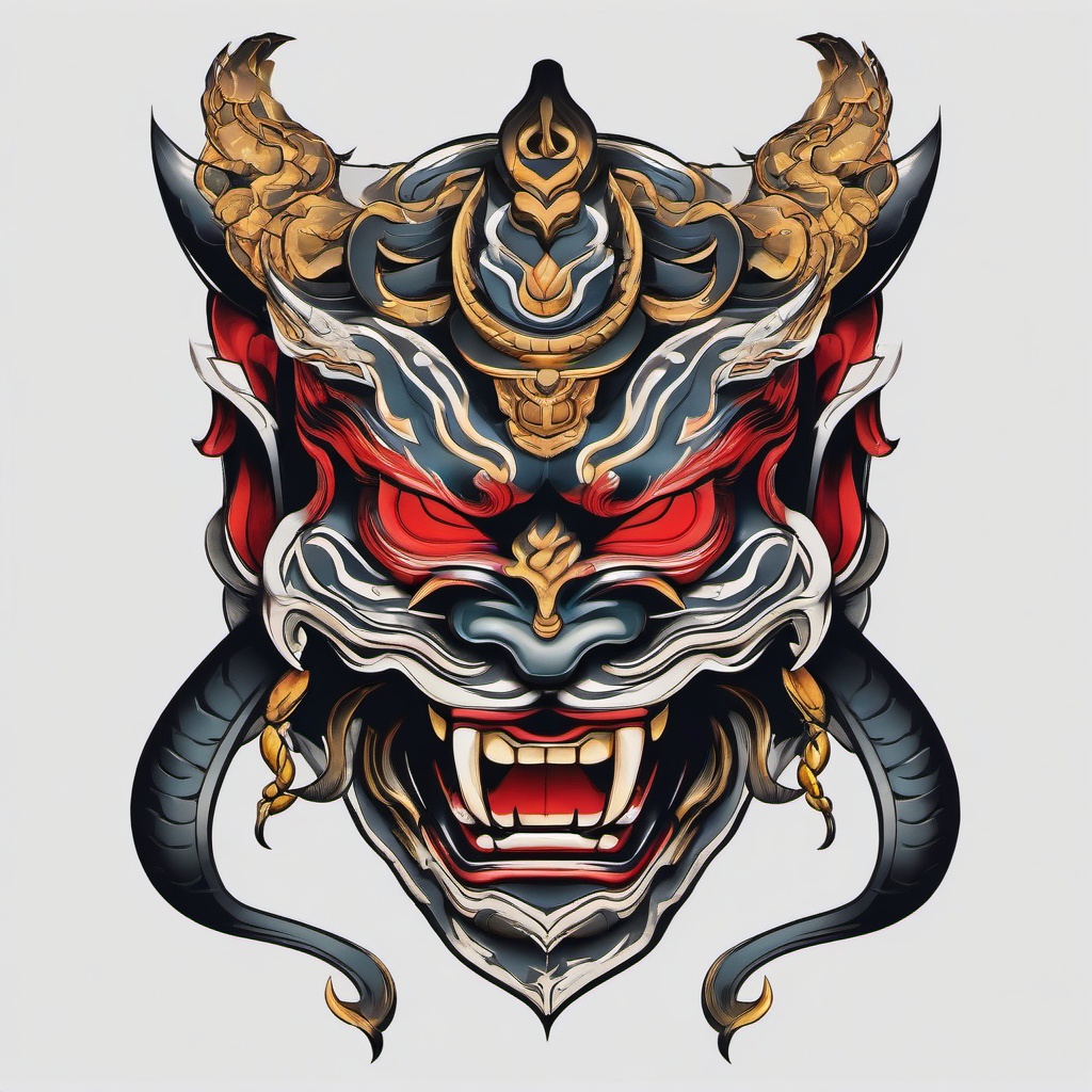 oni mask with snake tattoo  simple color tattoo,white background,minimal