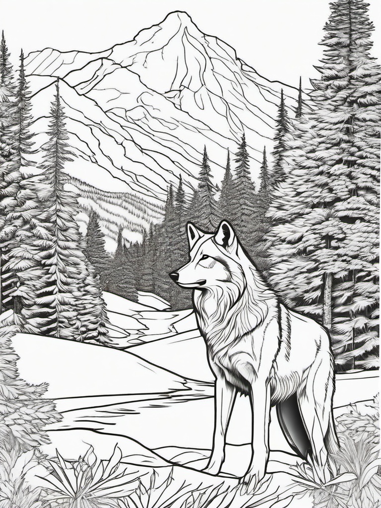 Wolf Coloring Pages - Wolf with a mountain range in the background  simple coloring pages