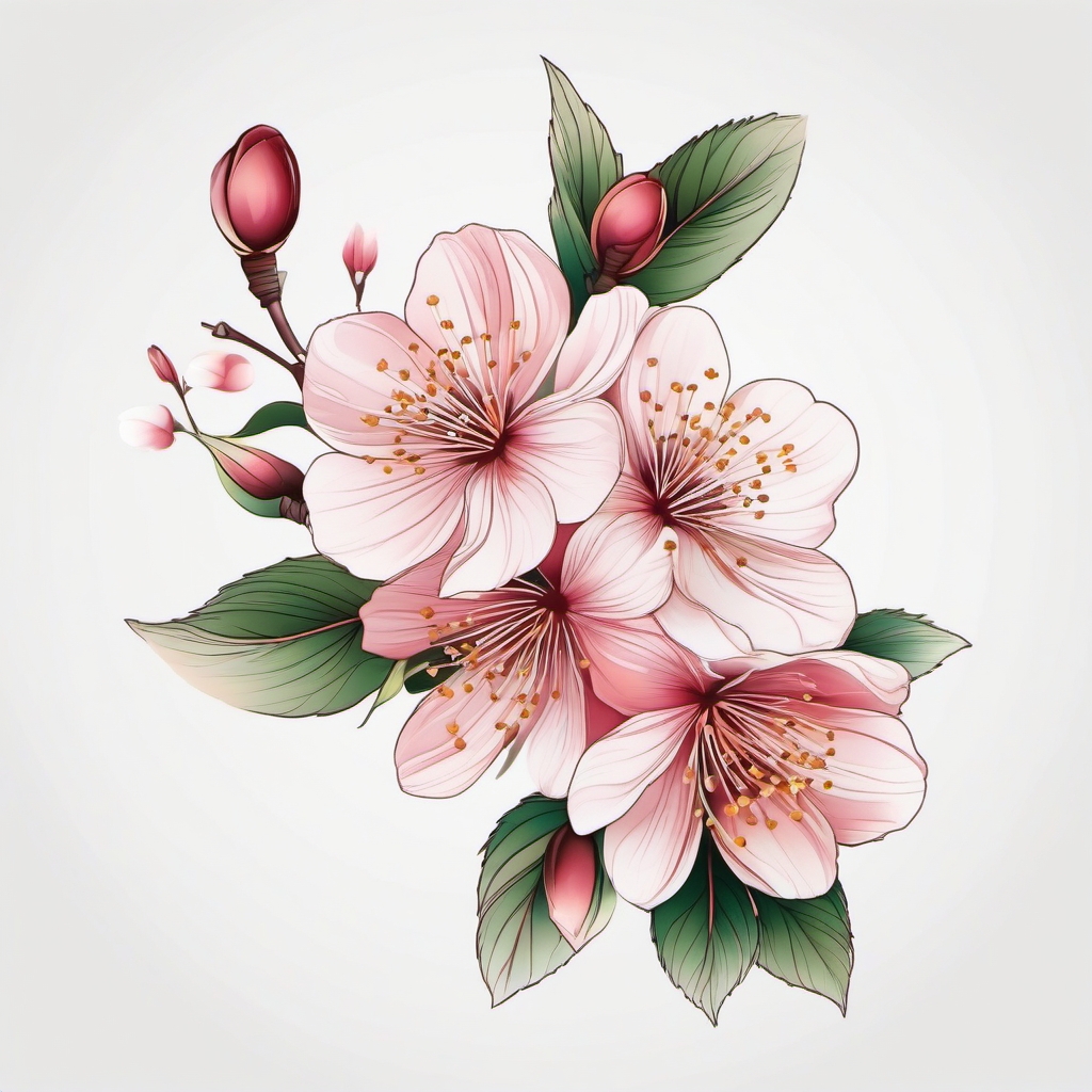 Cherry blossom tattoo: Delicate blossoms symbolizing the transient nature of life and the beauty within.  color tattoo style, minimalist, white background