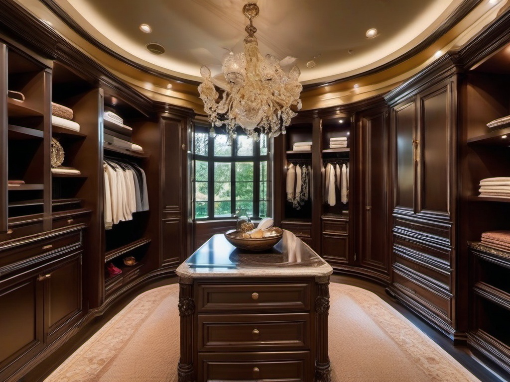 In the walk-in closet, Italian Renaissance interior design includes luxurious cabinetry, ornate details, and rich fabrics that create a stylish and efficient dressing area.  