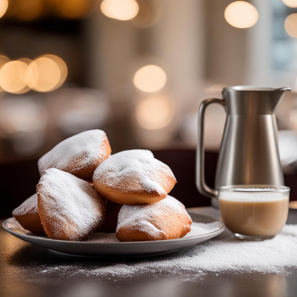 plate of warm, fluffy beignets, dusted with powdered sugar and served with café au lait. 