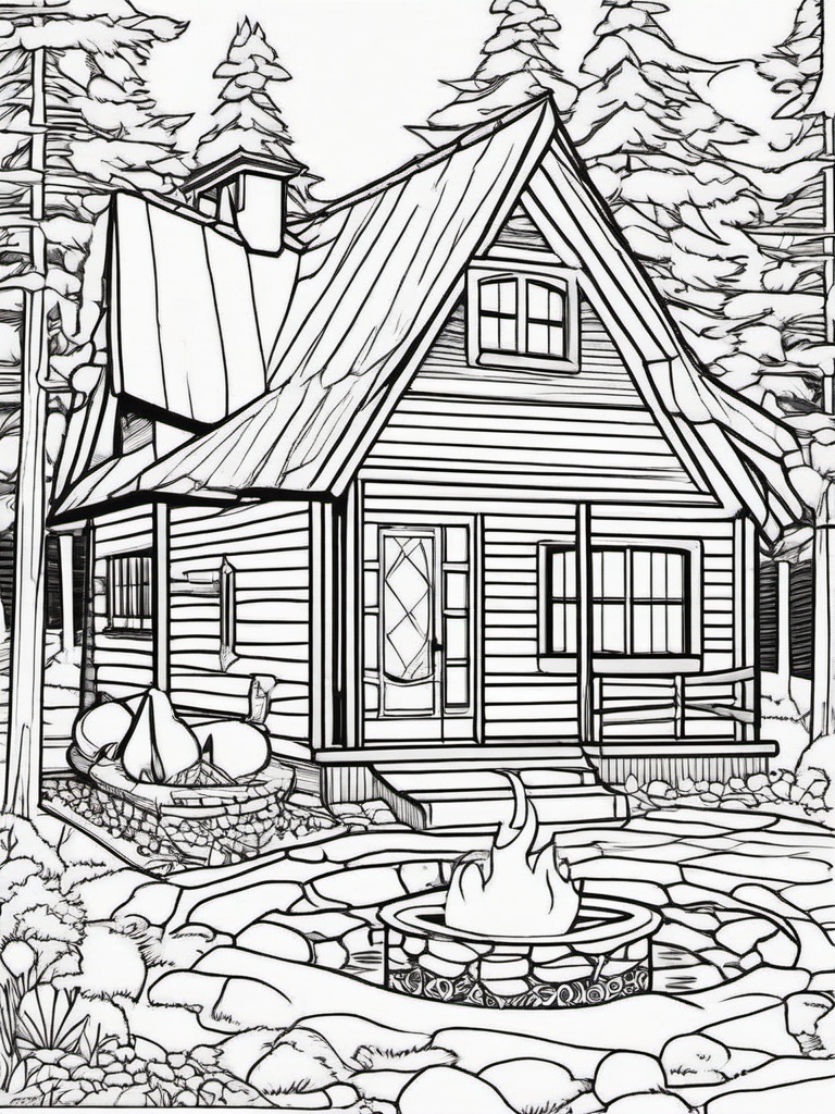 House Coloring Pages - Camp cabin in the woods with a fire pit outside  simple coloring pages