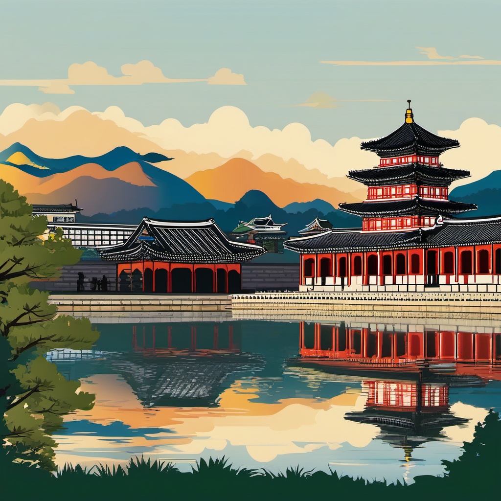 Seoul clipart - Gyeongbokgung Palace and Seoul skyline,  color vector clipart