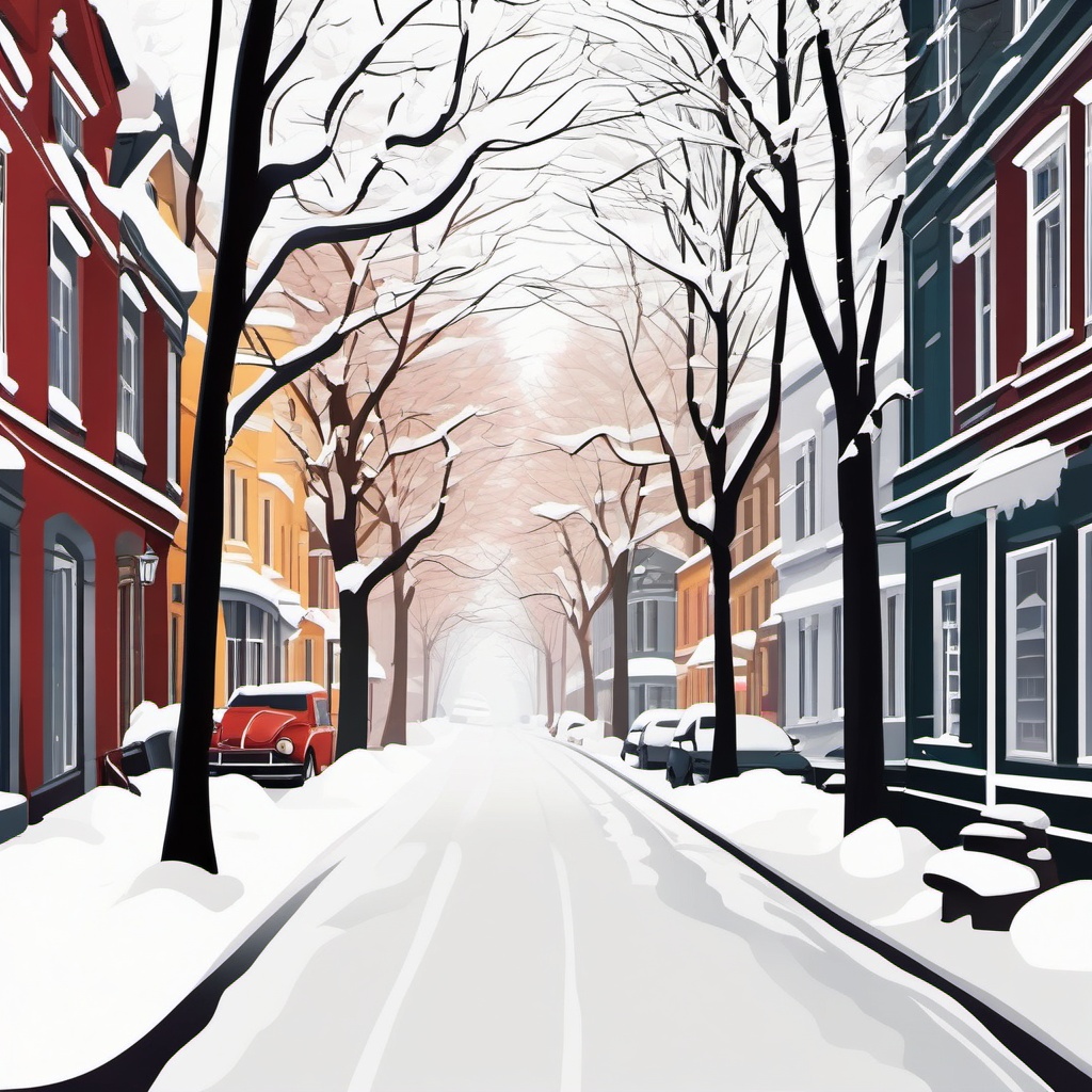 Winter Street Scene clipart - Residential street covered in fresh snow, ,vector color clipart,minimal