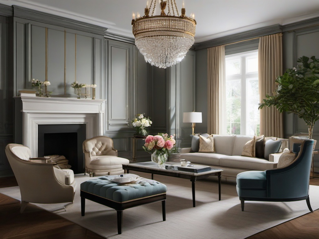 Neoclassical living room features simple moldings, comfortable seating, and classic accents, creating an elegant and timeless atmosphere.  