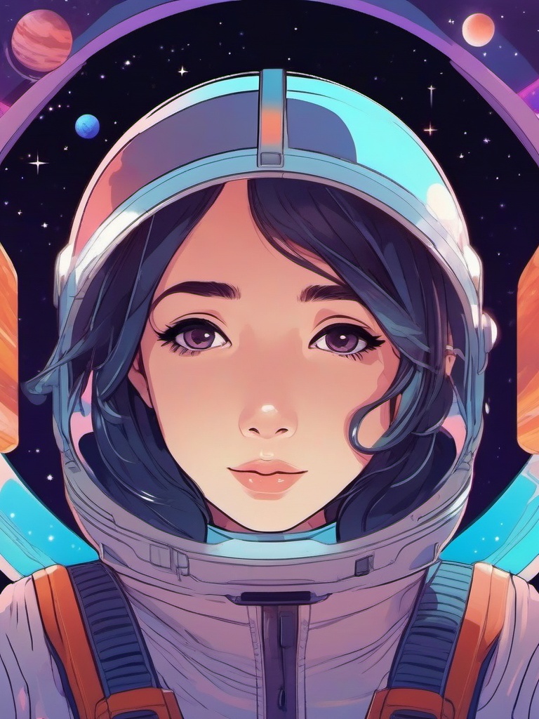 Adventurous space traveler on a cosmic voyage.  front facing ,centered portrait shot, cute anime color style, pfp, full face visible