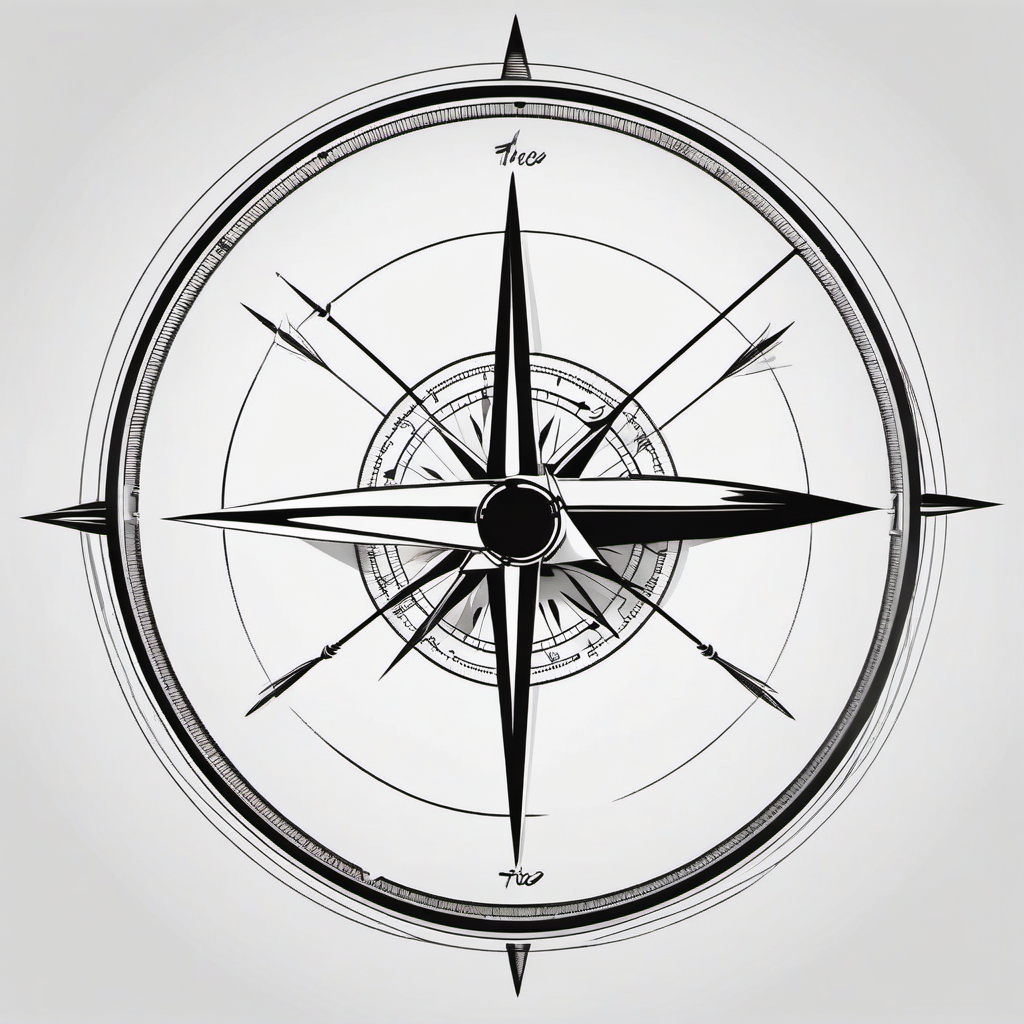 Arrow piercing through a compass ink. Direction in archery art.  minimalist black white tattoo style