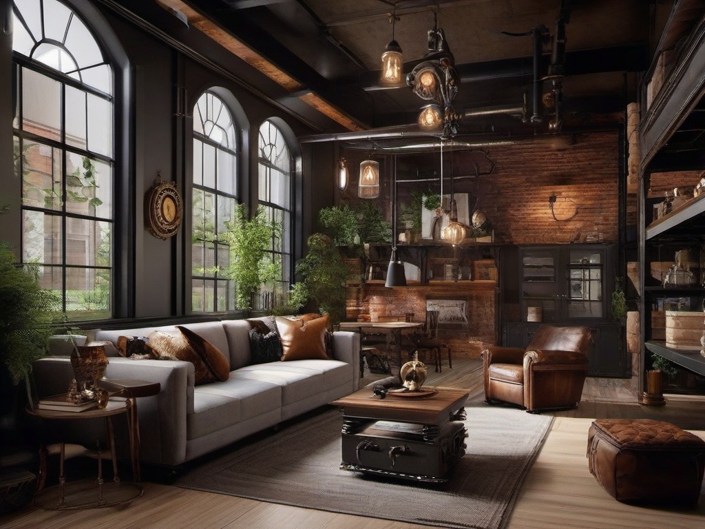 In the loft, steampunk interior design incorporates eclectic furnishings, industrial accents, and warm tones that create a stylish and inviting living area.  