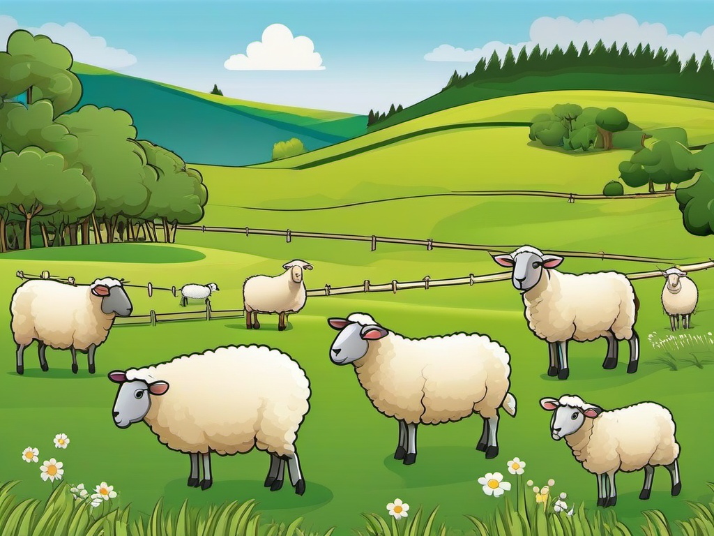 Sheep Cartoon - Cartoon of sheep grazing in a field  