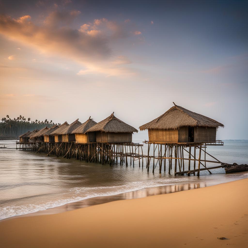 sri lankan stilt fishing huts, with bamboo stilts, stand along the shores of weligama bay, sri lanka. 