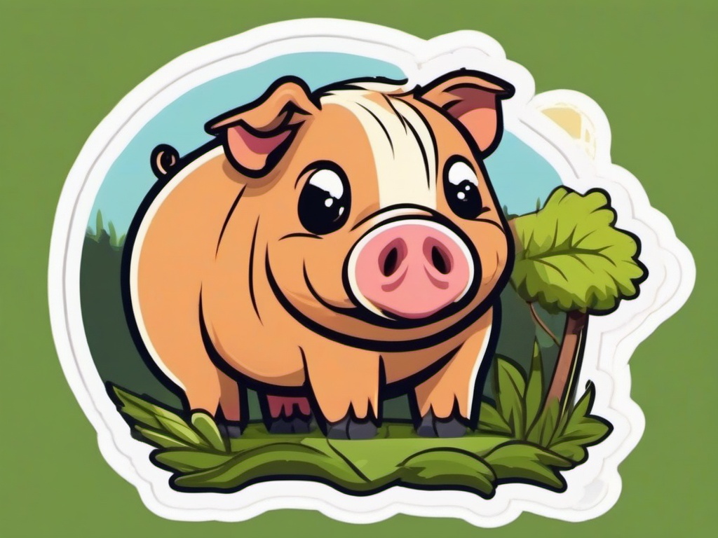 KuneKune Pig cartoon - small, round pig breed with a friendly nature  cartoon sticker style