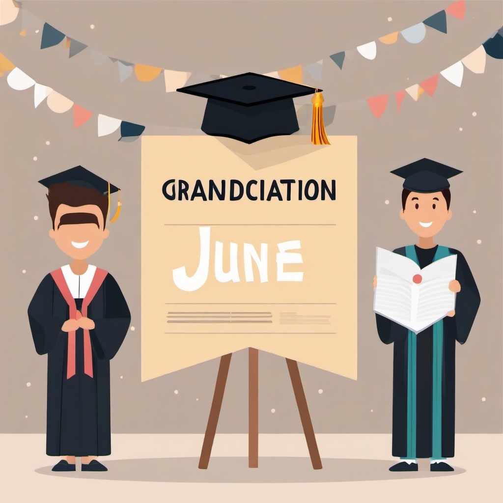 June clipart - graduation ceremony with June written on the banner  color,minimalist,vector clipart