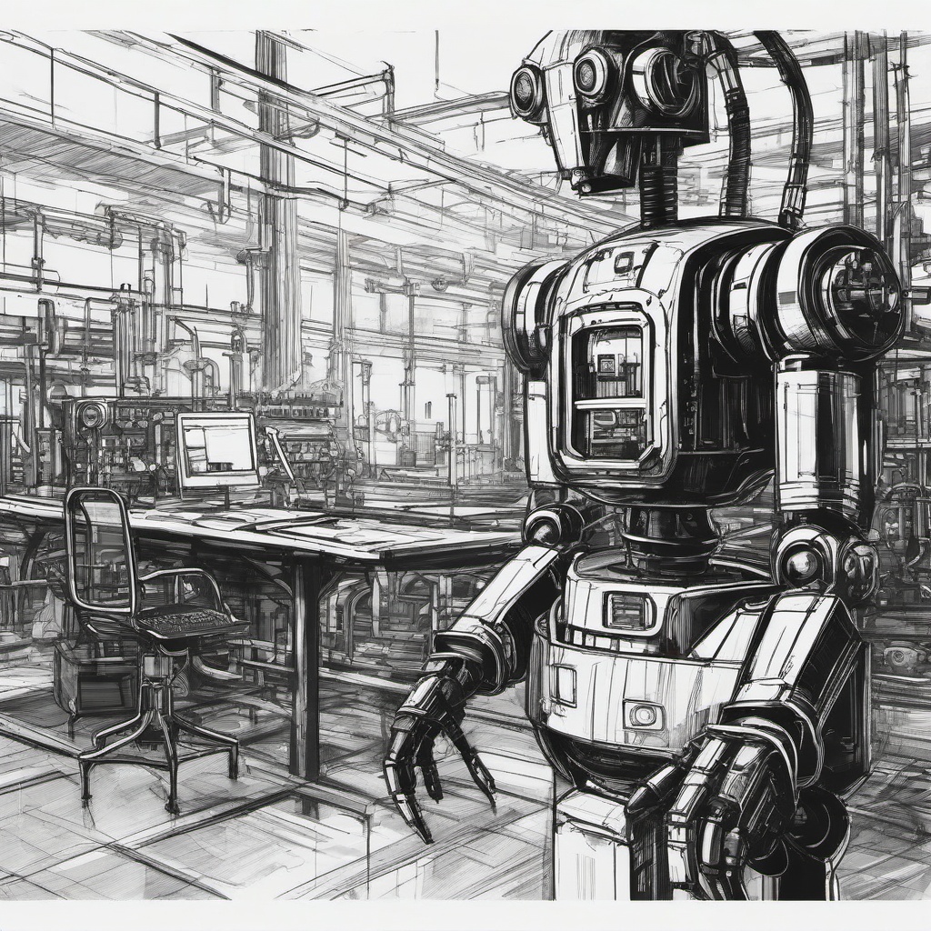 drawing of a robot in a factory  minimal rough sketch scribbles,doodles,black and white