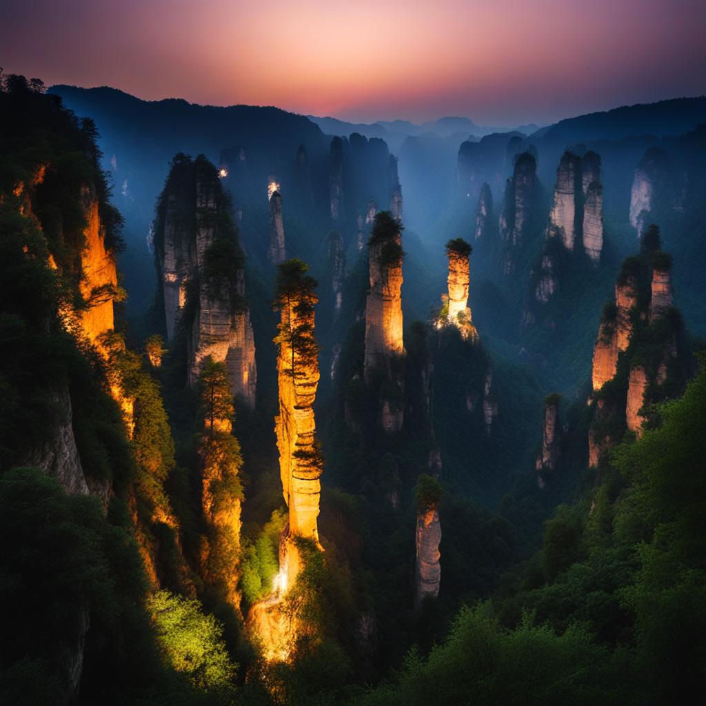 zhangjiajie national forest park - capture the ethereal night view of zhangjiajie's towering sandstone pillars, inspired by the 'avatar' film, illuminated by starlight. 