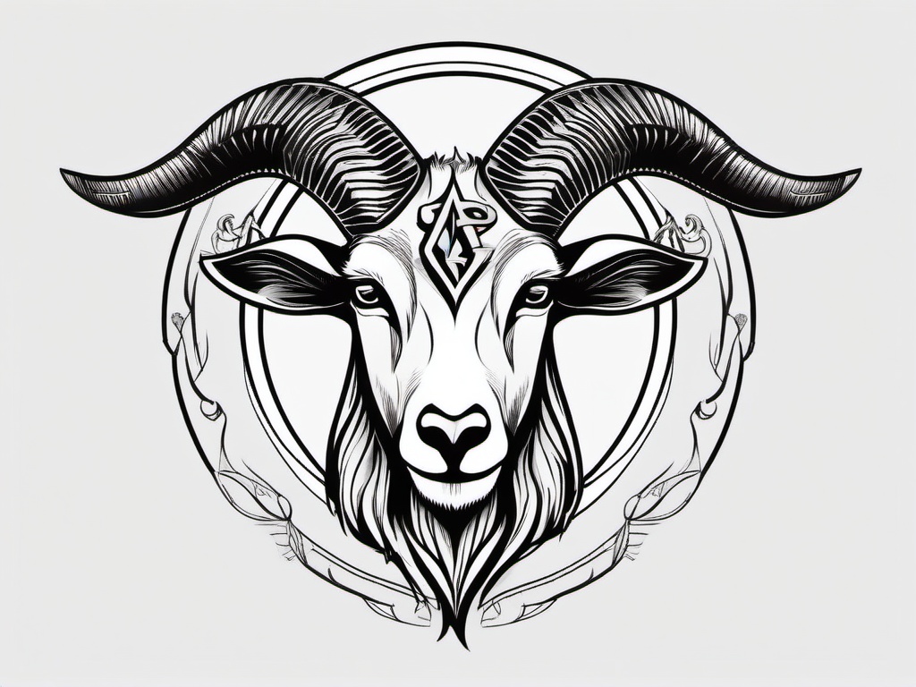 Satanic Goat Head Tattoo - A tattoo featuring the head of a goat in a representation associated with satanic symbolism.  simple color tattoo design,white background