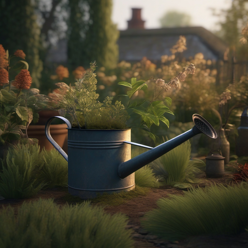 In a forgotten garden, an old watering can brings life to the withered plants.  8k, hyper realistic, cinematic