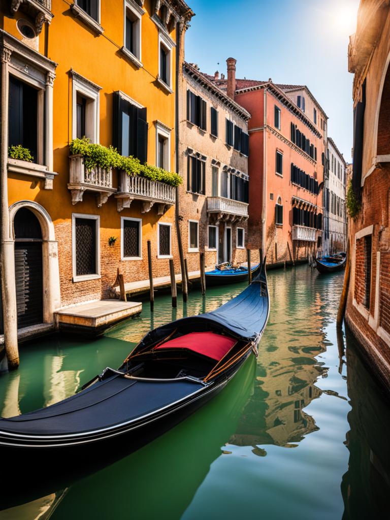 venetian canal, navigating the romantic waterways of venice with gondolas and historic buildings. 