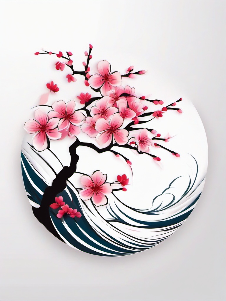 Cherry Waves Tattoo - Capture the beauty of cherry blossoms in a wave-themed tattoo design.  simple vector color tattoo,minimal,white background