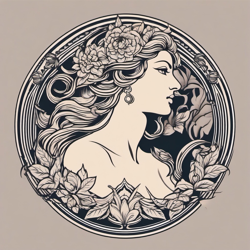 Tattoo Aphrodite-Intricate and artistic tattoo featuring Aphrodite, the goddess of love and beauty in Greek mythology.  simple color vector tattoo