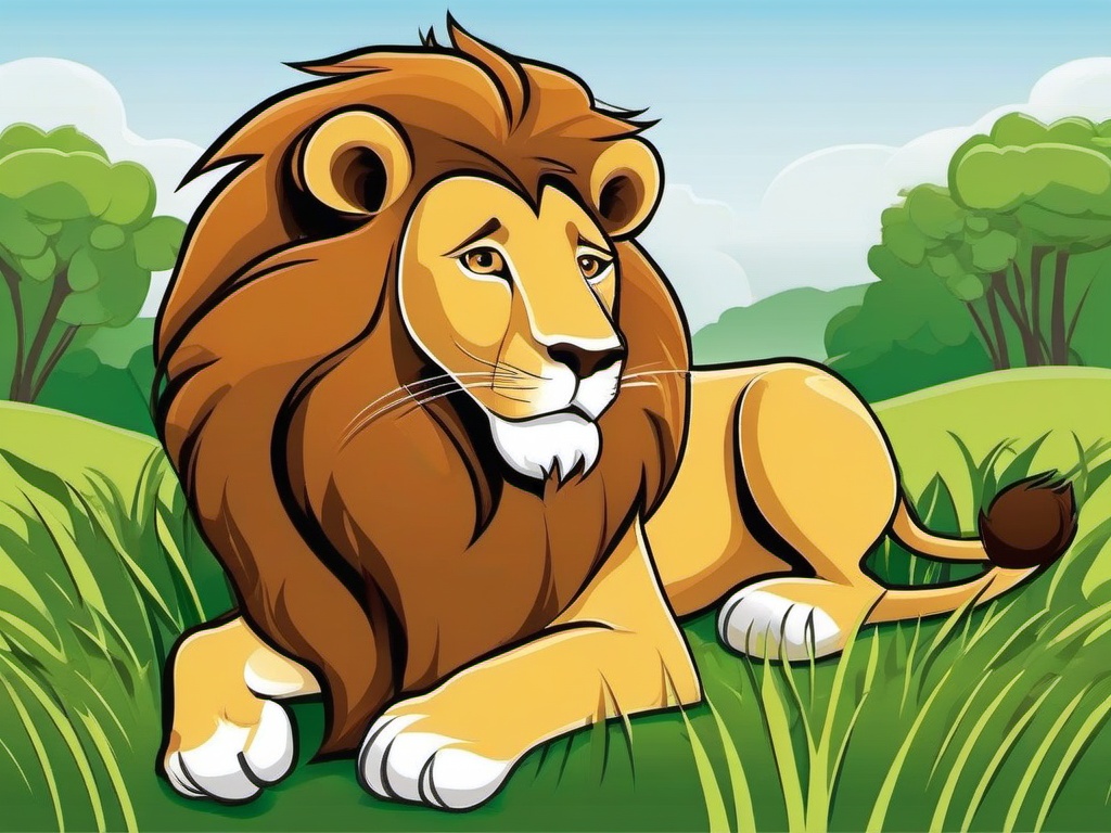 Lion Cartoon - Cartoon of lion lounging in the grass  