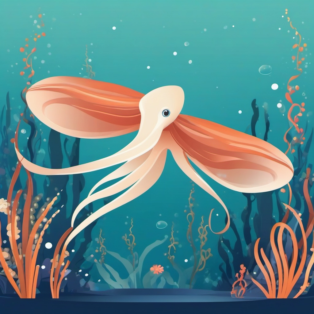 Elegant Squid Ballet Performance Clip Art - An elegant squid performing a mesmerizing underwater ballet,  color vector clipart, minimal style