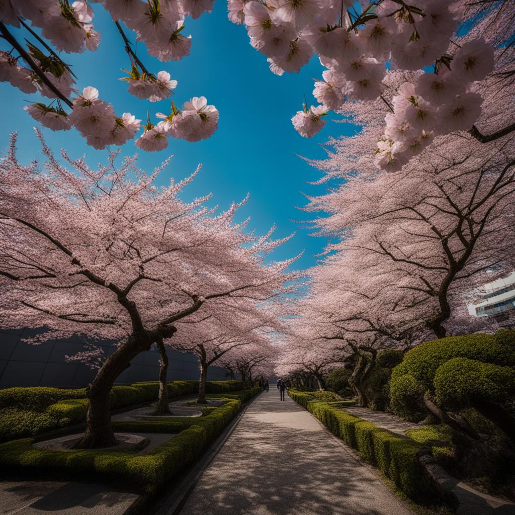 skyward tokyo: cherry blossoms in a futuristic garden 