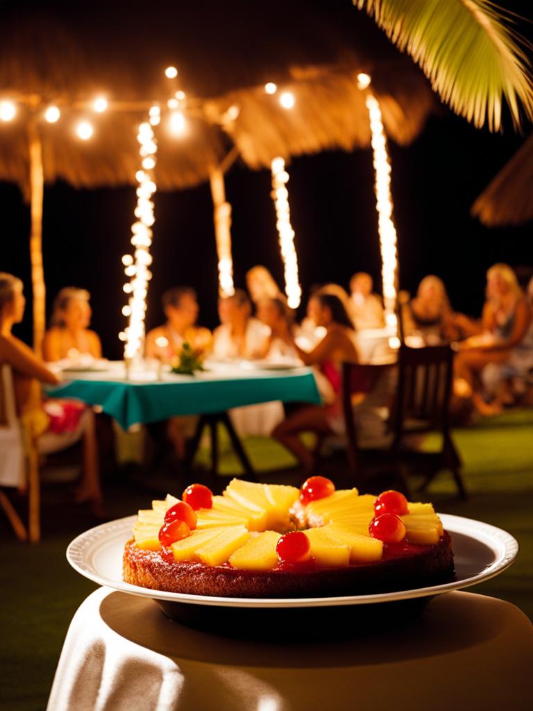 pineapple upside-down cake served at a beachfront luau with hula dancers. 