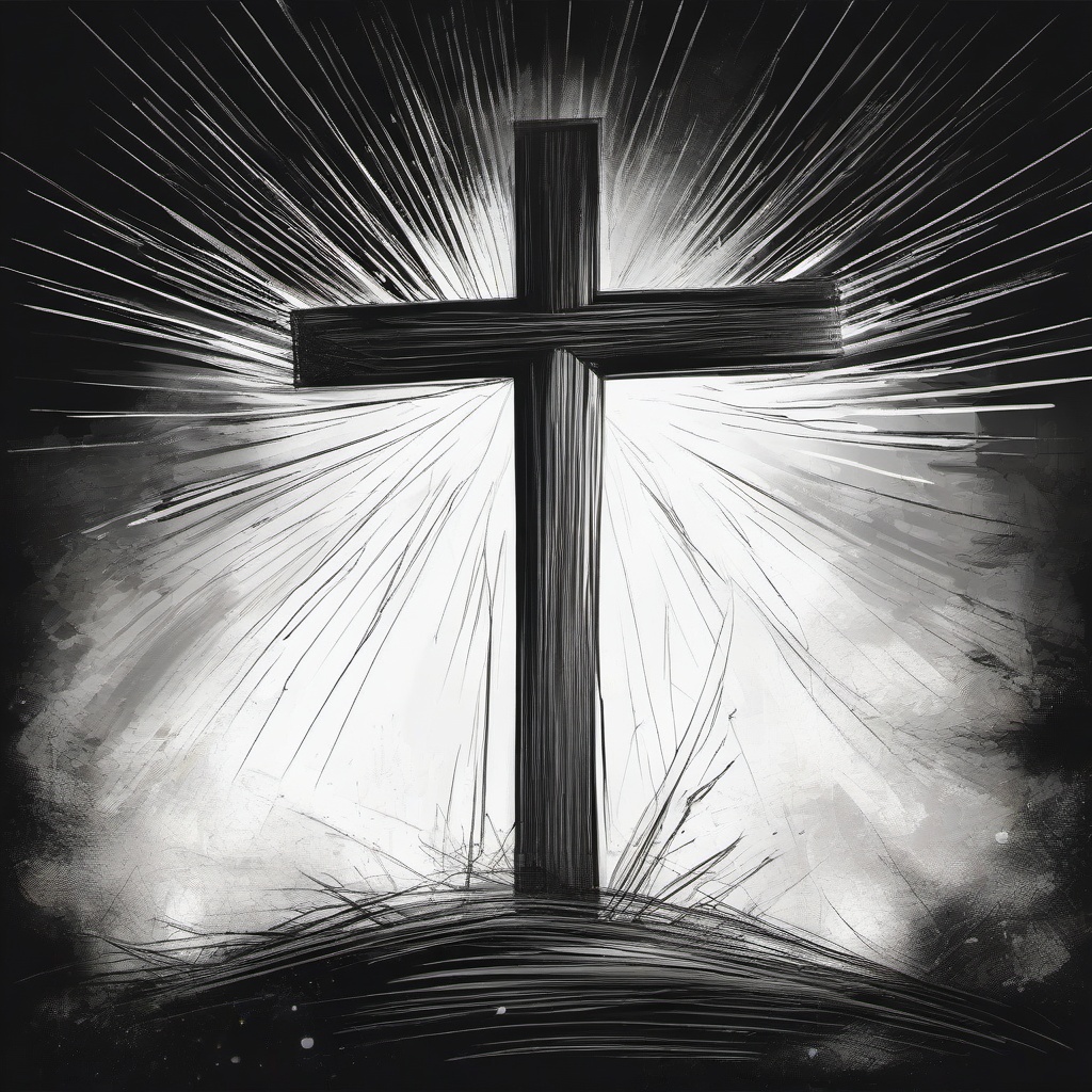 drawing of a cross with rays of light  minimal rough sketch scribbles,doodles,black and white