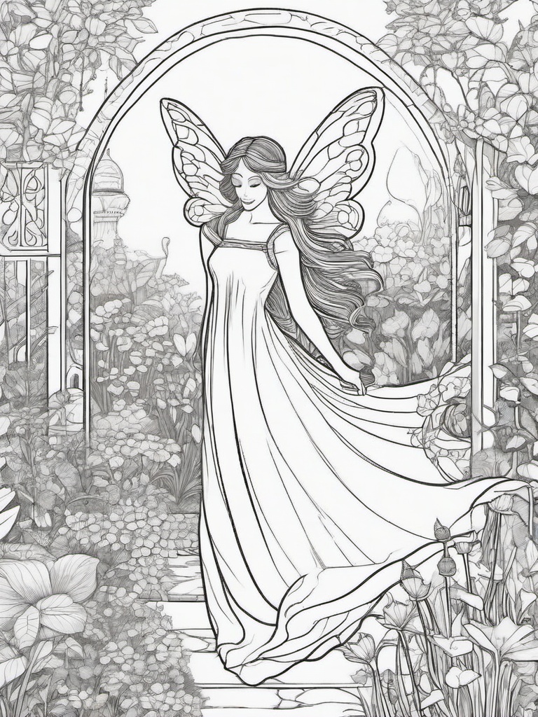 Fairy in a Magical Garden Coloring Pages - Fairy Strolling Through a Hidden Garden  minimal black outline printable sheet, coloring page