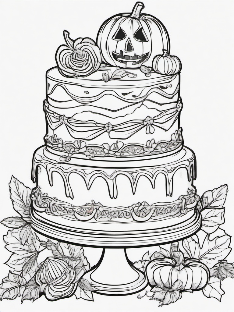 Cake Coloring Pages - Halloween-themed cake with spooky decorations  simple coloring pages