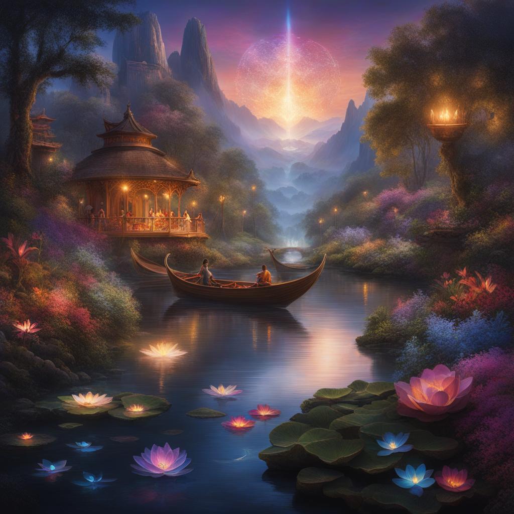 the living tapestry of gaia's dreams, where rivers of light flow through interconnected realms of flora and fauna. 