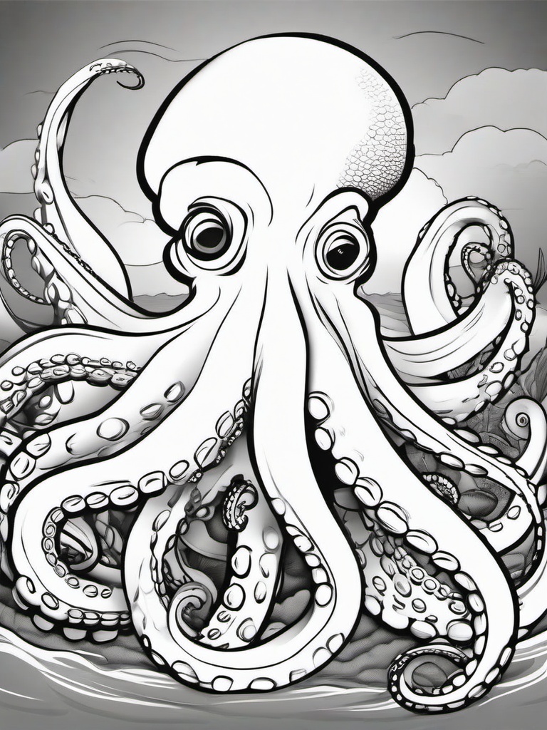 Octopus Coloring Pages - Giant octopus with shipwreck in background  simple coloring pages