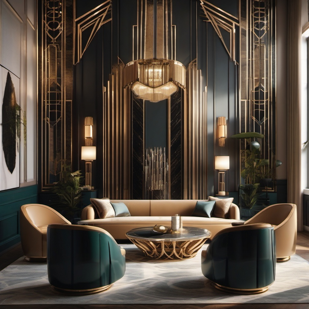 Art Deco Living Room - Art Deco masterpiece with geometric patterns and metallic finishes. realistic, professional photography, bokeh, natural lighting, canon lens, shot on dslr 64 megapixels sharp focus