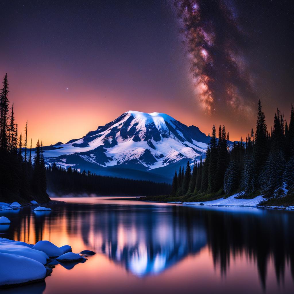 mount rainier national park - capture the serene night painting of mount rainier, where the snow-capped peak and alpine meadows glisten under a starry sky. 