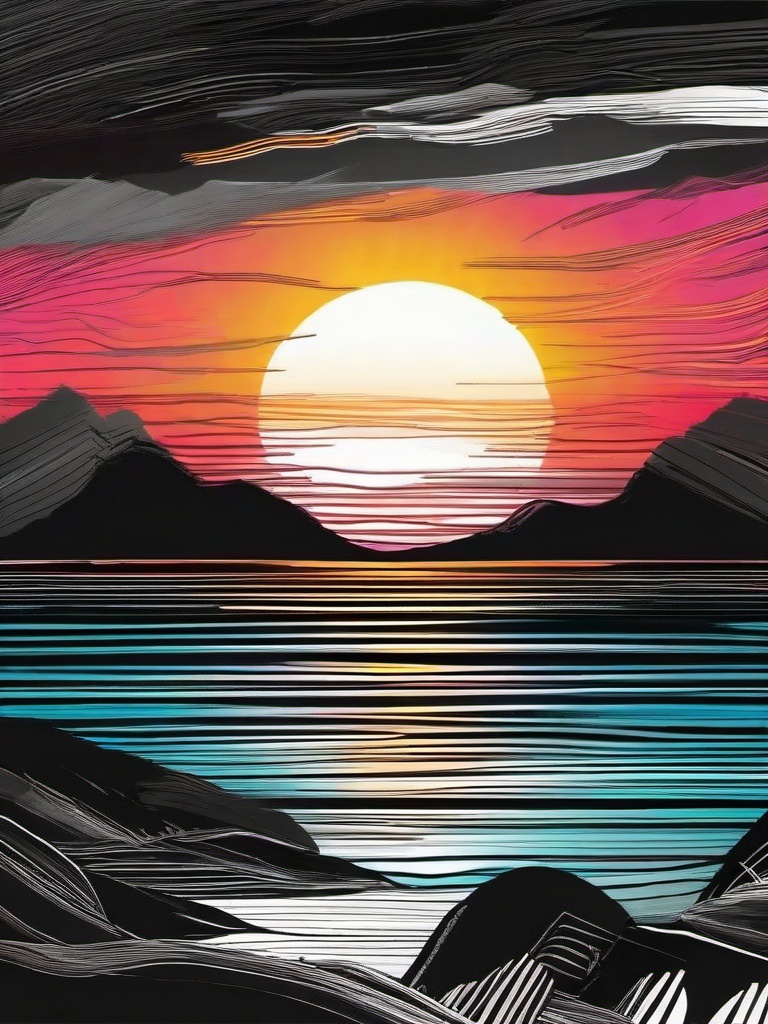 drawing of a colorful sunset  minimal rough sketch scribbles,doodles,black and white