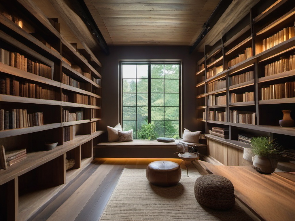 In the library room, Wabi Sabi interior design incorporates rustic wooden shelves, comfortable seating, and a calming color palette that inspires reading and relaxation in a serene setting.  