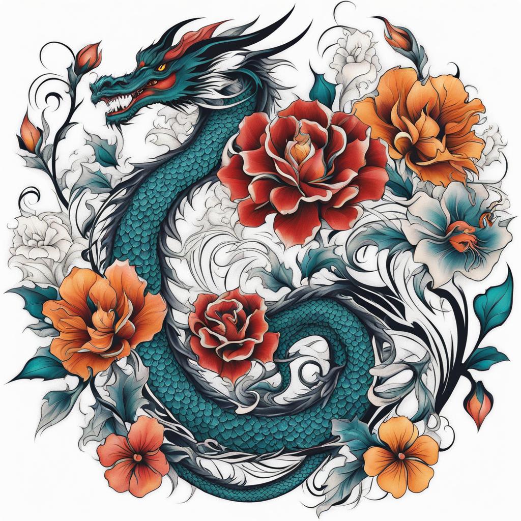 Dragon tattoo flowers, Tattoos featuring dragons and floral elements.  color, tattoo style pattern, clean white background