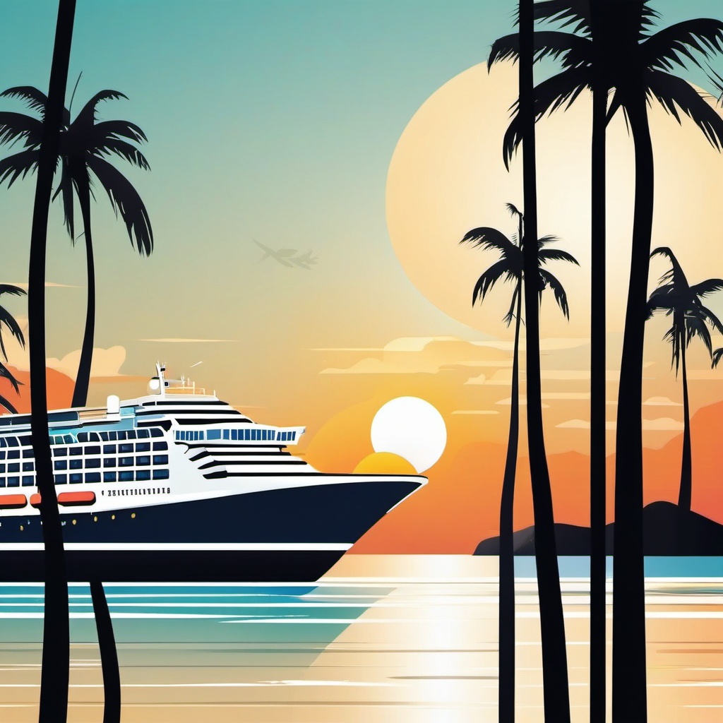 Cruise Ship Clipart - A cruise ship under the tropical sun.  transport, color vector clipart, minimal style