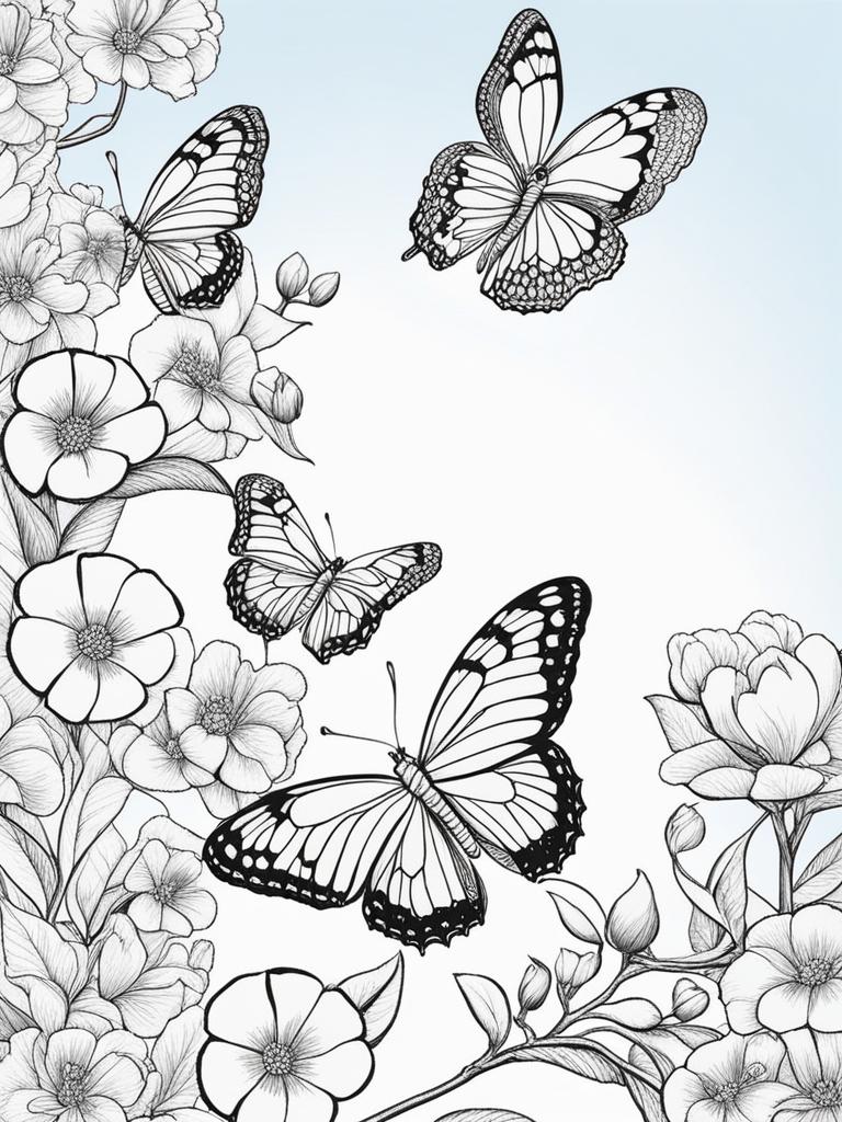 spring coloring pages - butterflies flutter among blooming spring blossoms. 