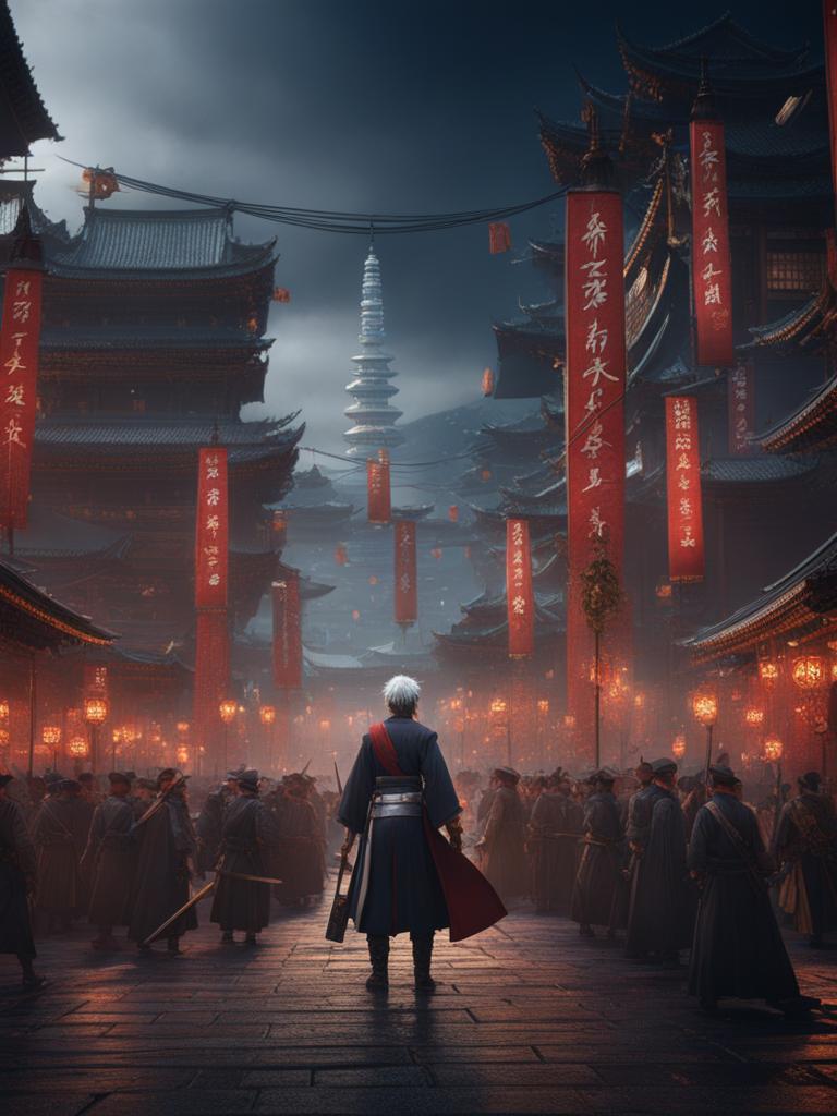 gintoki sakata,leading a riotous rebellion against corrupt officials,a chaotic city square detailed matte painting, deep color, fantastical, intricate detail, splash screen, complementary colors, fantasy concept art, 8k resolution trending on artstation unreal engine 5