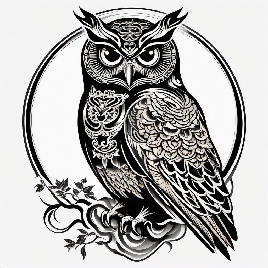 Chinese Owl Tattoo - Explore Chinese artistry with a tattoo featuring owls in a Chinese-inspired style.  simple color tattoo,vector style,white background