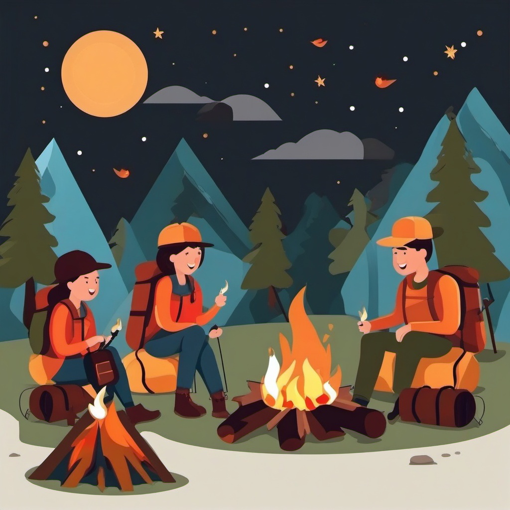 Camping Campfire Stories Clipart - Campers sharing stories by the campfire.  color vector clipart, minimal style