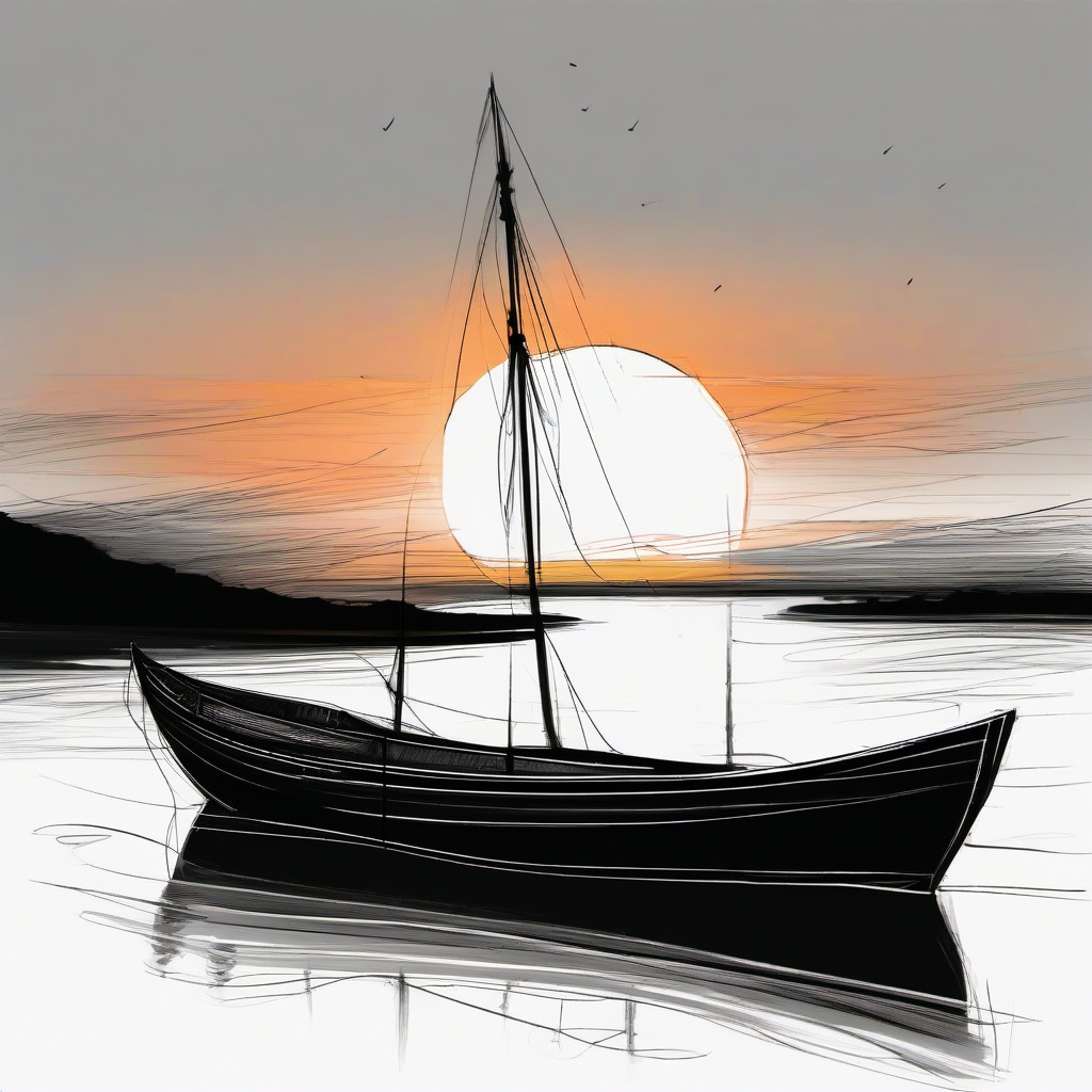 drawing of a boat in a sunset  minimal rough sketch scribbles,doodles,black and white