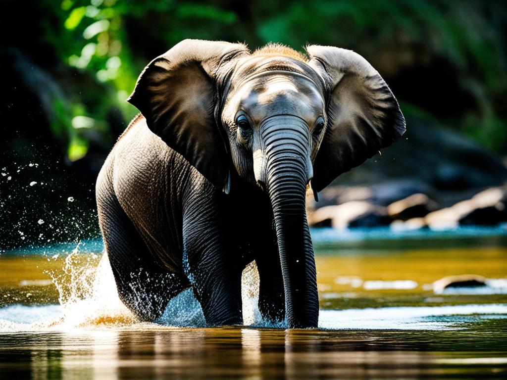 curious baby elephant splashing in a river with its trunk. 