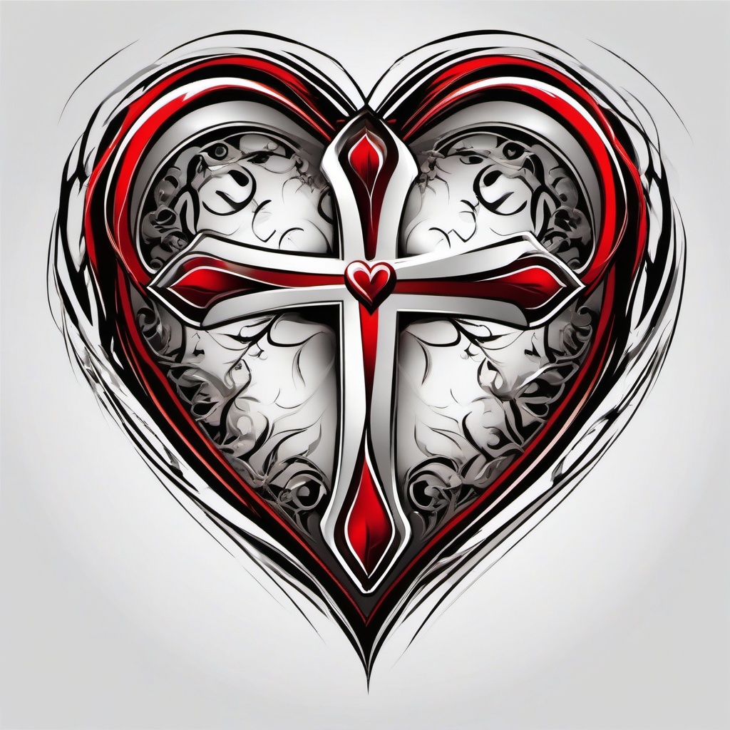 Heart cross tattoo, Cross within a heart, representing faith at love's core. , tattoo color art, clean white background