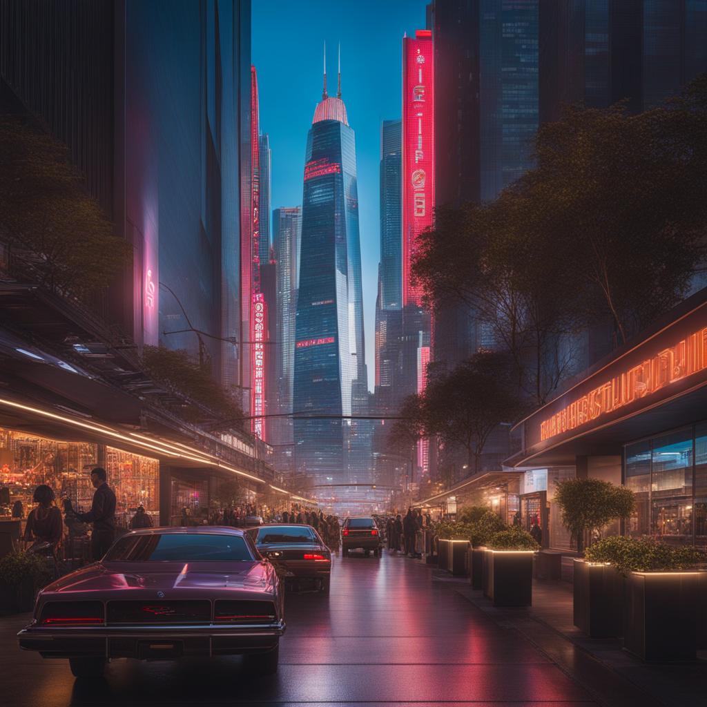 step into the bustling atmosphere of a modern urban streetscape, with towering skyscrapers and neon signs. 