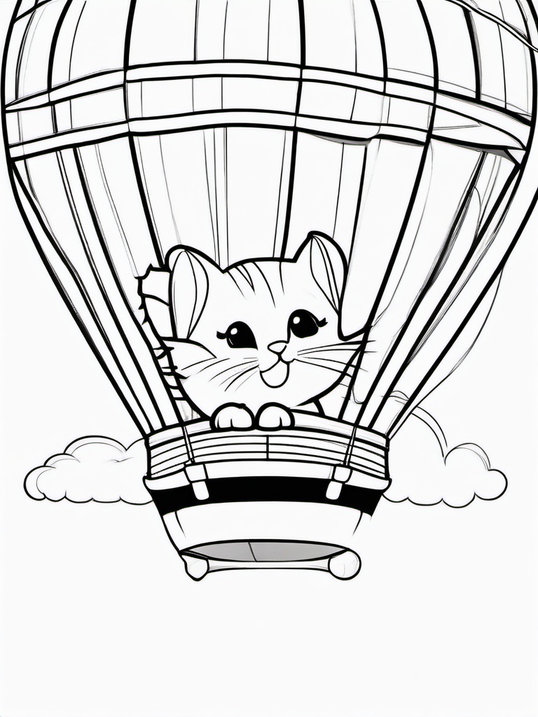 Kitty in a Hot Air Balloon Coloring Pages - Adventurous Kitten Soaring in the Sky  minimal black outline printable sheet, coloring page