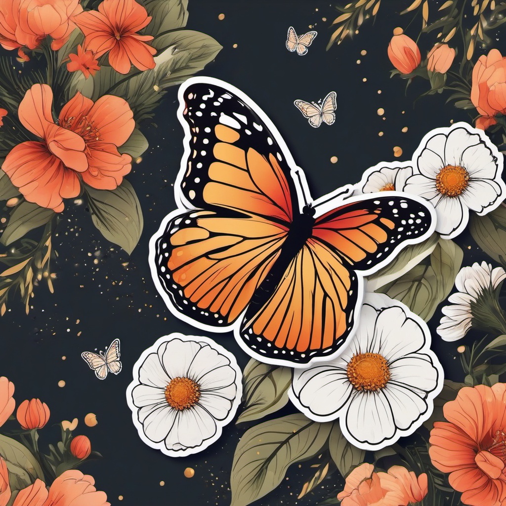 Butterfly and Flowers Sticker - Butterfly amidst blooming flowers, ,vector color sticker art,minimal